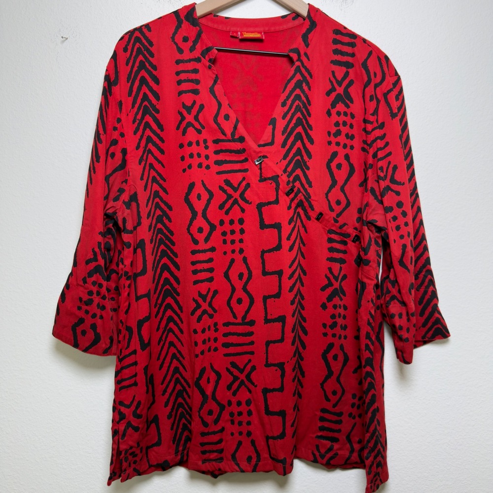 Tianello Women Cotton Tunic Top L Red Black Tribal Lagenlook Asymmetric V-Neck